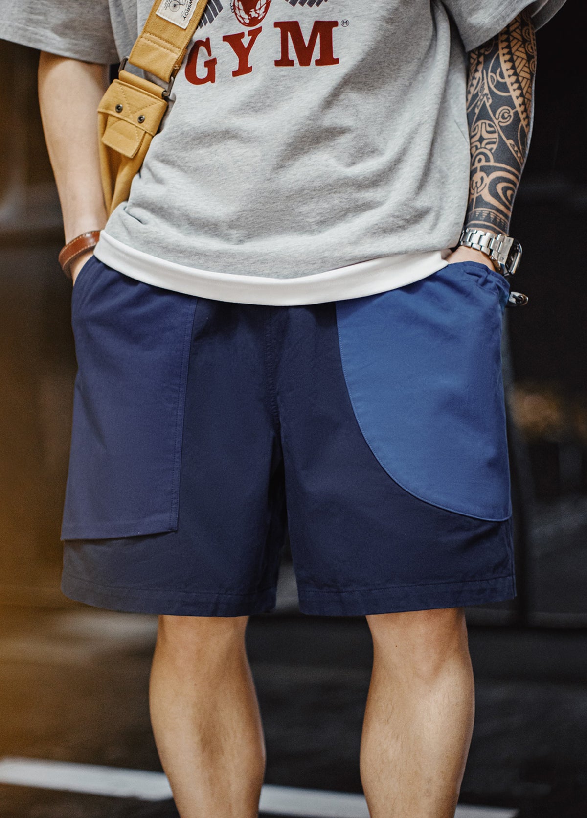 American Patchwork Navy Blue Pure Cotton Juvenile Silhouette Men's Shorts - Harmony Gallery