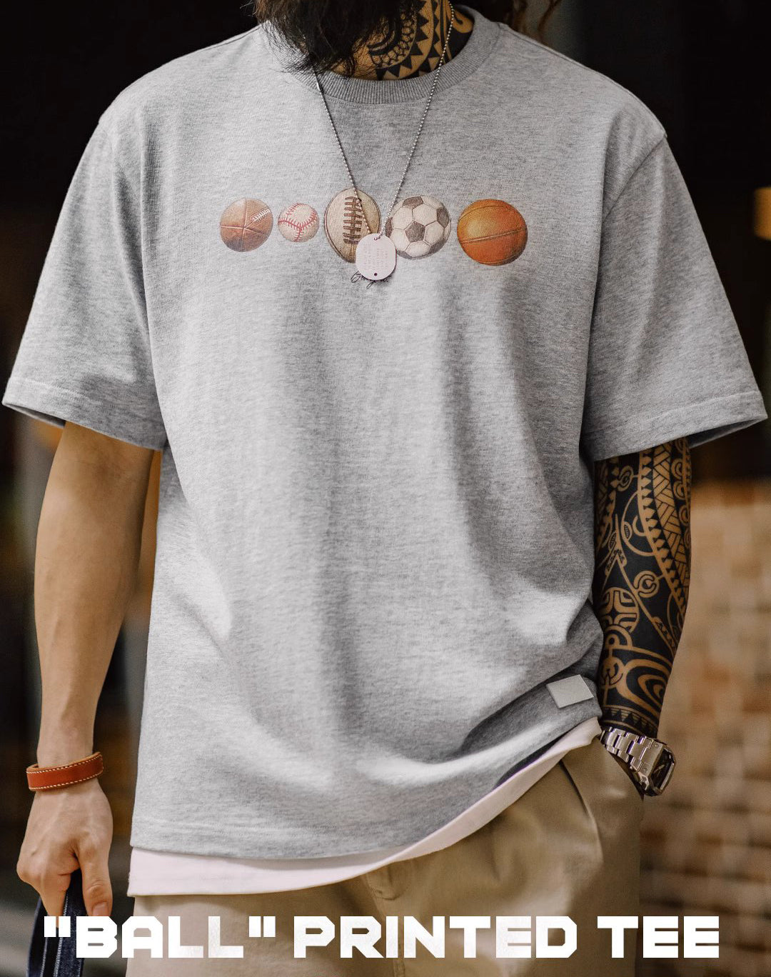 American Retro Ball Elements Digital Print Street Cotton Men's T-Shirt - Harmony Gallery