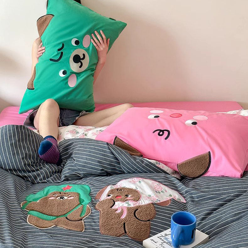 Cute Cartoon Creative Contrasting Color Washed Four-Piece Cotton Bed Set - Harmony Gallery