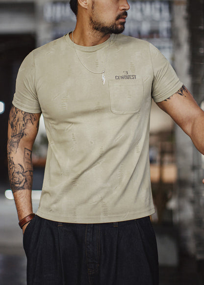 American Retro Distressed Printed Knitted Shoulders Thin Men's T-Shirt