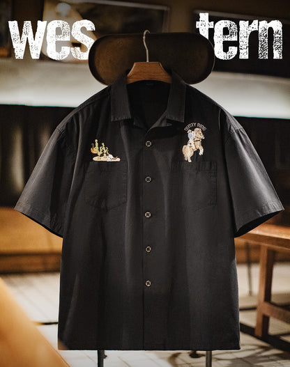 American Retro Embroidered Black Pure Cotton Half Sleeves Men's Shirt - Harmony Gallery