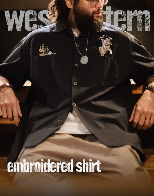 American Retro Embroidered Black Pure Cotton Half Sleeves Men's Shirt - Harmony Gallery