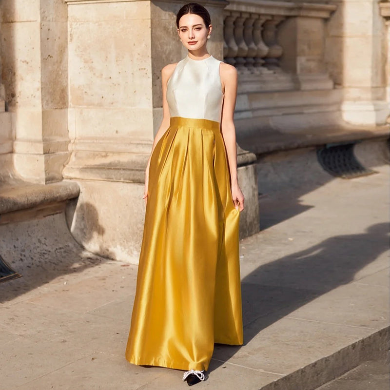 Elegant Gold and Ivory Satin Evening Gown with Halter Neckline - Harmony Gallery