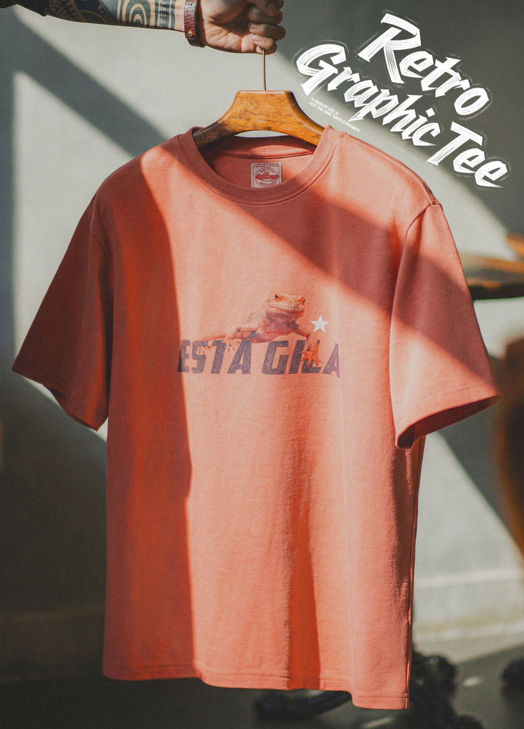 American Retro Print Drop Shoulder Sunset Sunset Orange-Red Men's T-Shirt