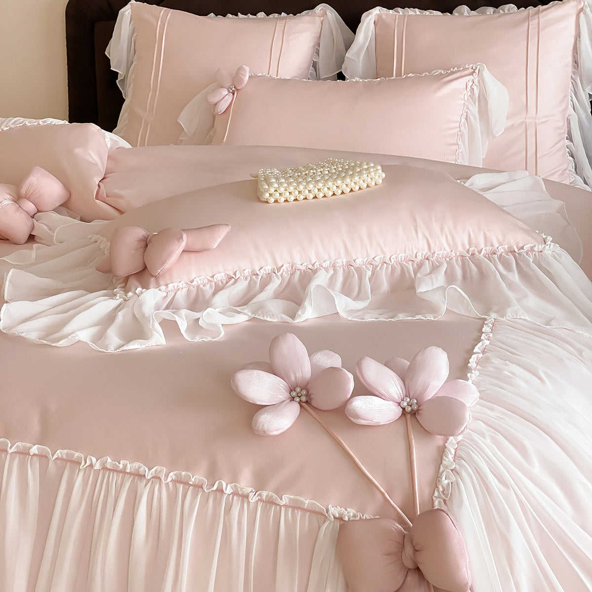 French Girly Lace-Trimmed Bow Princess Four-Piece Cotton Long-Staple Bed Set - Harmony Gallery
