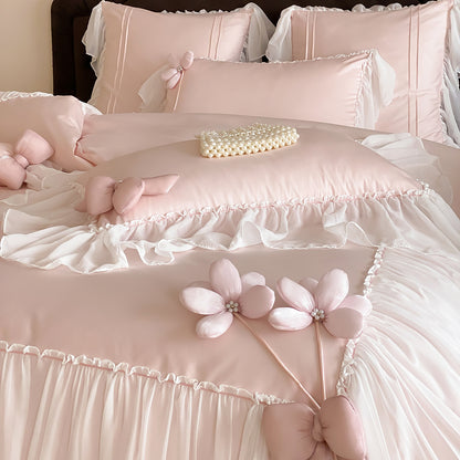 French Girly Lace-Trimmed Bow Princess Four-Piece Cotton Long-Staple Bed Set - Harmony Gallery