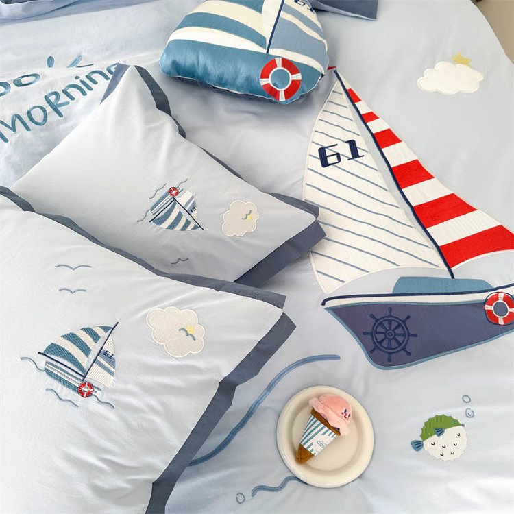 Cartoon Sailing Ship Washed Four-Piece Boys Pure Cotton Bed Set - Harmony Gallery