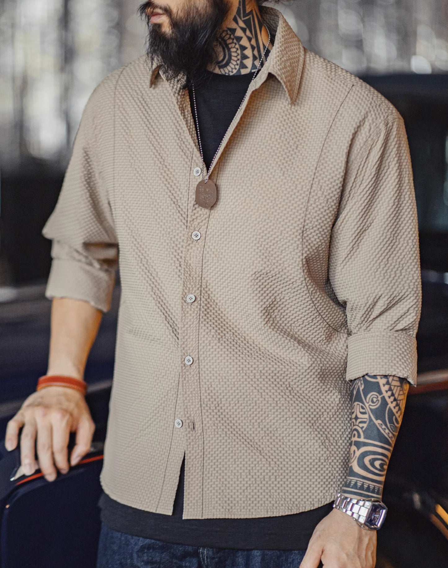 American Casual Non-Iron Textured Thin jacket Men's Shirt - Harmony Gallery