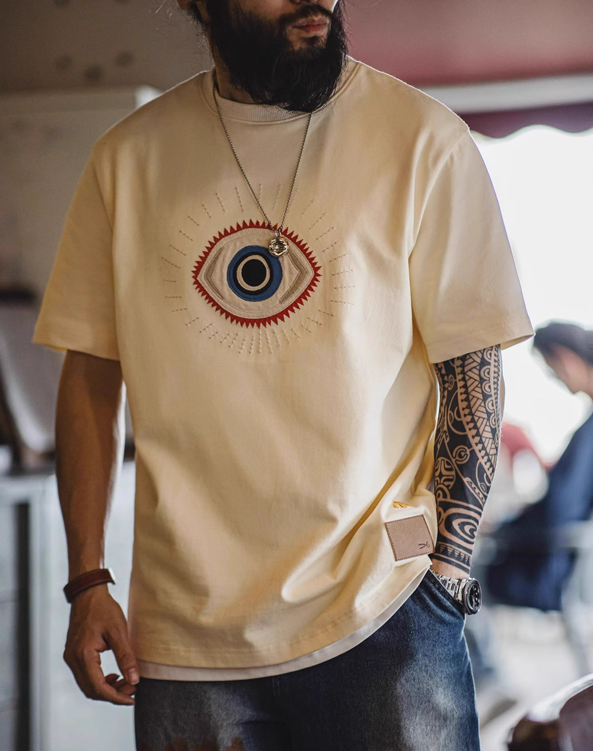 American Retro Guardian Eye Embroidered Cotton Men's T-Shirt - Harmony Gallery