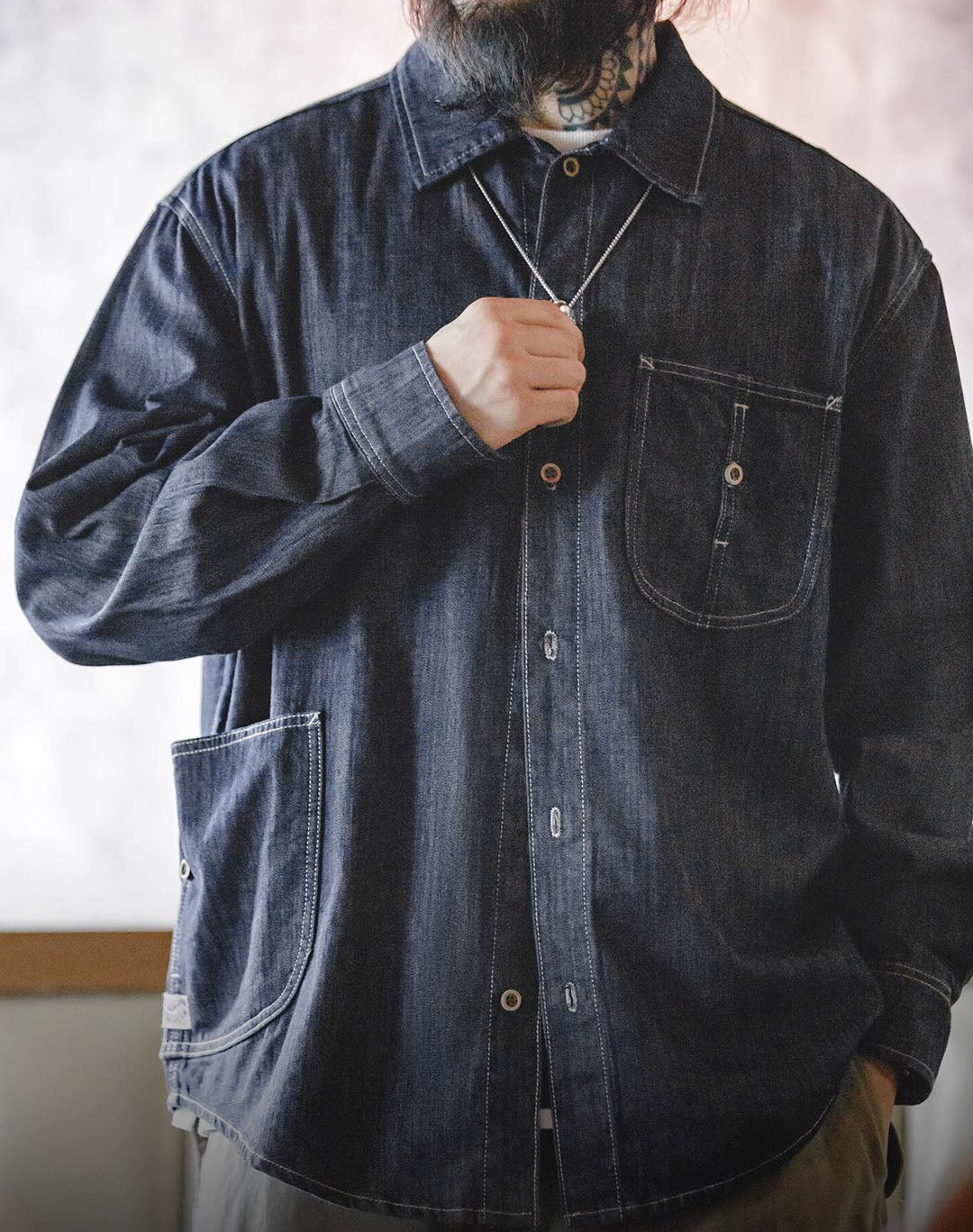 American Retro Washed Denim Big Pocket Loose Men's Shirt - Harmony Gallery