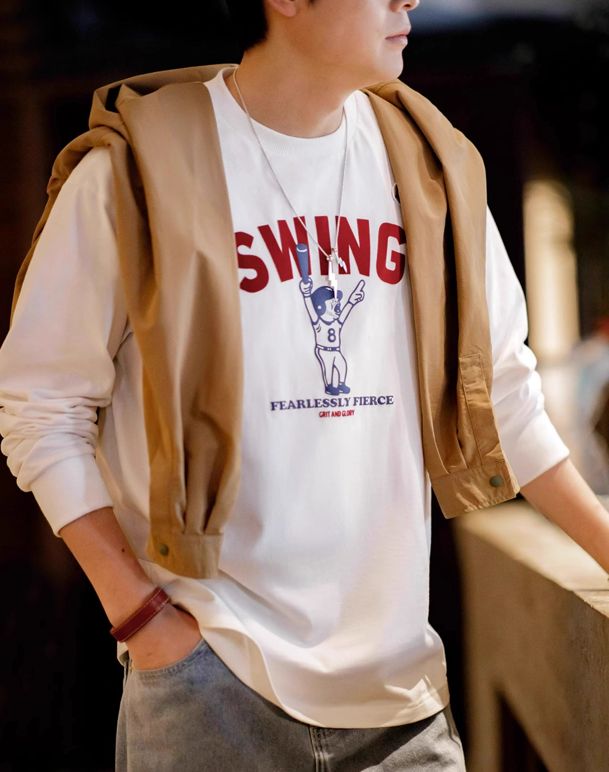 American Retro Letter Baseball Print Pure Cotton Men's Sweater - Harmony Gallery
