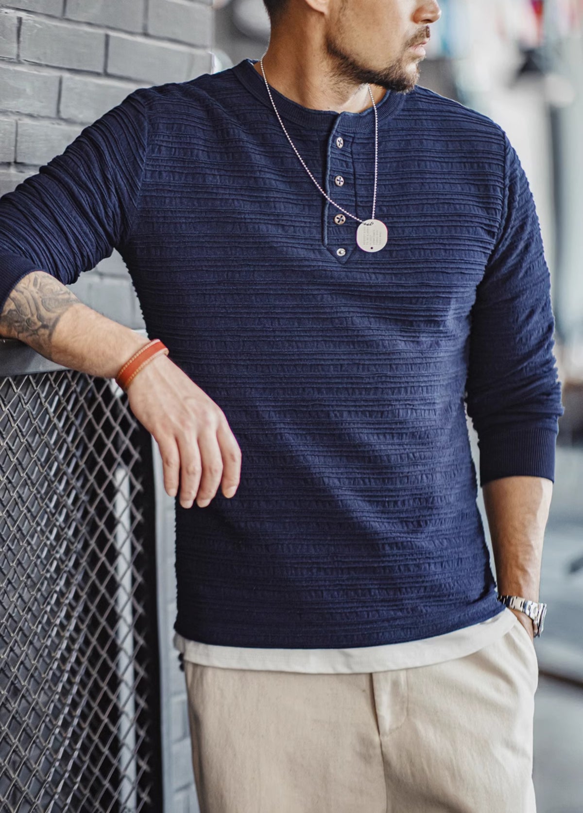 American Retro Jacquard Knitted Denim Henry Shirt Vintage Men's Sweater - Harmony Gallery