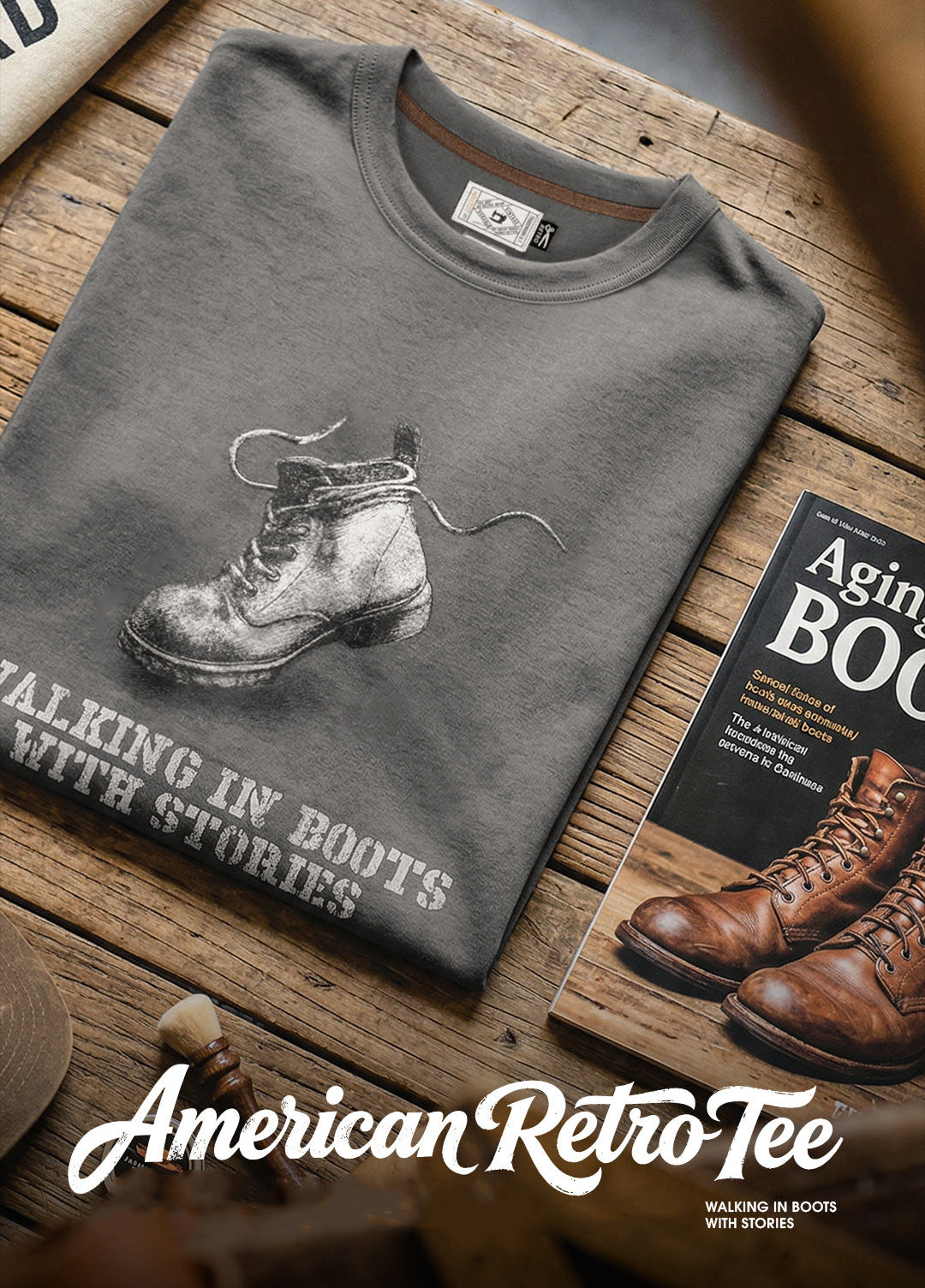 American Retro Print Distressed Loose Gray Brushed Daily Men's T-Shirt