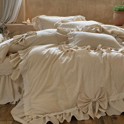 French Retro Romantic Cotton And Linen Blend Four-Piece Lace Trim Bow Bed Set - Harmony Gallery