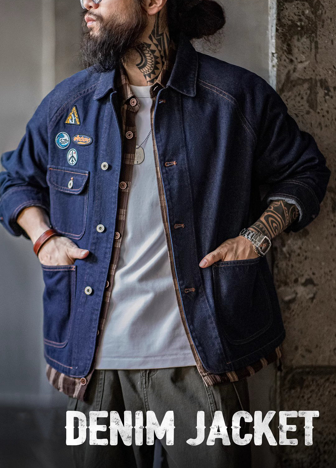 American Retro Embroidered Badge Denim Heavy Washed Men's Jacket - Harmony Gallery