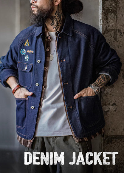 American Retro Embroidered Badge Denim Heavy Washed Men's Jacket - Harmony Gallery