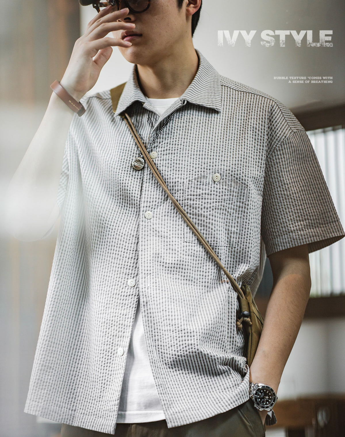 American Casual Pinstriped Lapel Half-Sleeved Men's Shirt - Harmony Gallery