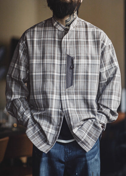 American Retro Workwear Gray Grid Yarn-Dyed Blended Men's Shirt - Harmony Gallery