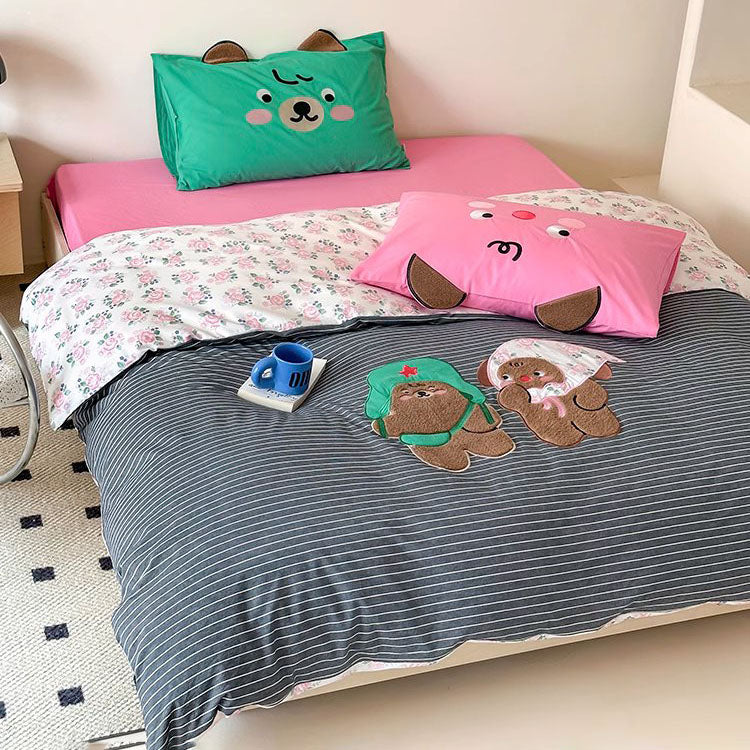 Cute Cartoon Creative Contrasting Color Washed Four-Piece Cotton Bed Set - Harmony Gallery