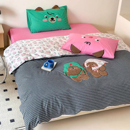Cute Cartoon Creative Contrasting Color Washed Four-Piece Cotton Bed Set - Harmony Gallery