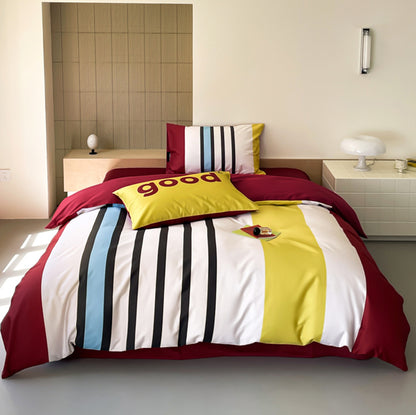 Nordic Simple Contrast Stripes Four-Piece Satin Pure Cotton Bed Set - Harmony Gallery