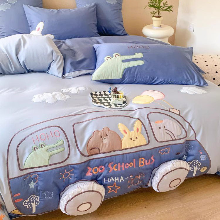Cartoon Happy Bus Zoo School Four-Piece Pure Cotton Bed Set - Harmony Gallery