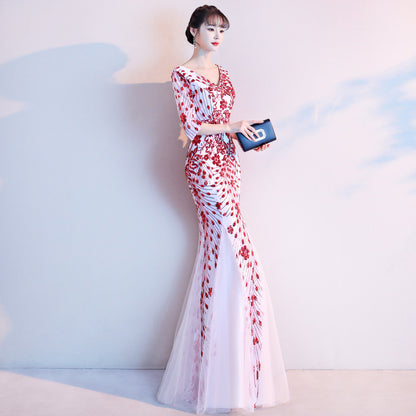 Stunning Red and White Floral Embroidered Mermaid Gown with V-Neck - Harmony Gallery