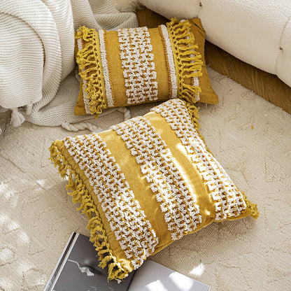 Golden Boho-Chic Tassel Vibrant Textured Decorative Throw Pillows - Harmony Gallery