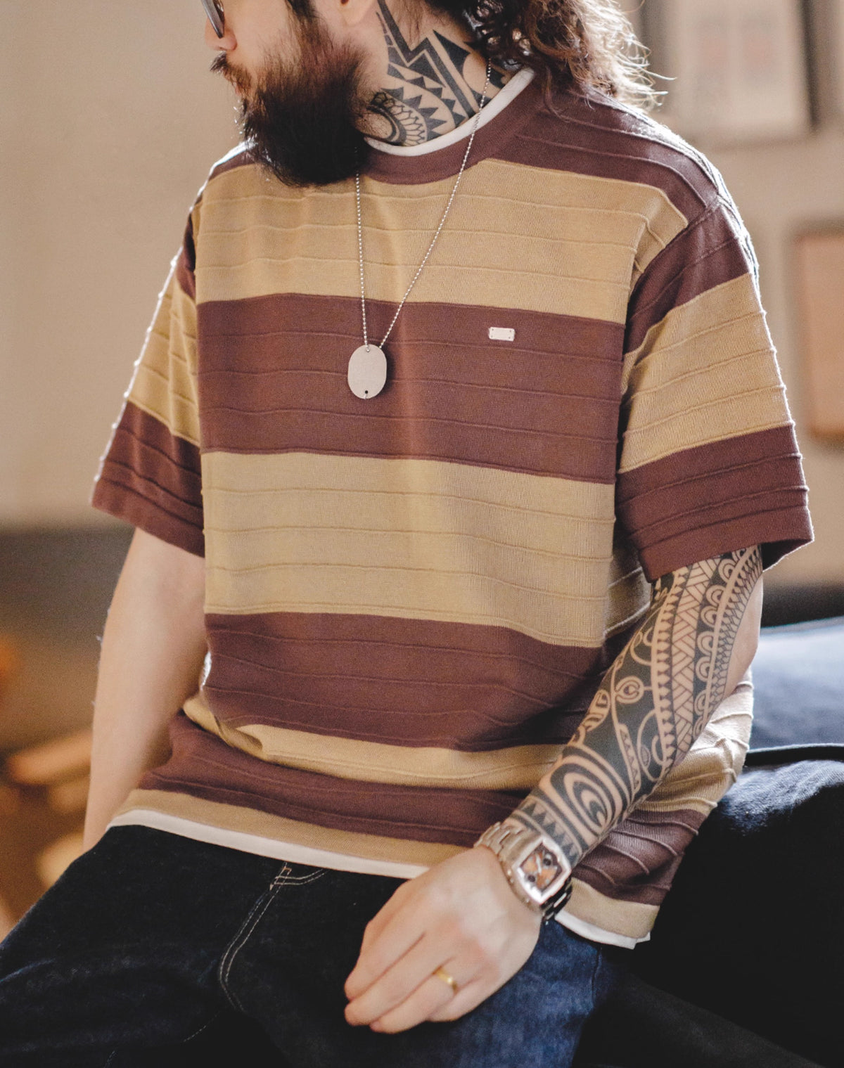 American Retro Contrast Color Striped Knitted Draped Men's T-Shirt - Harmony Gallery