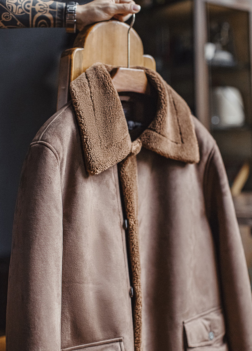 American Retro B7 Suede Parka Mid-Length Faux Lambswool Thickened Men's Coat - Harmony Gallery