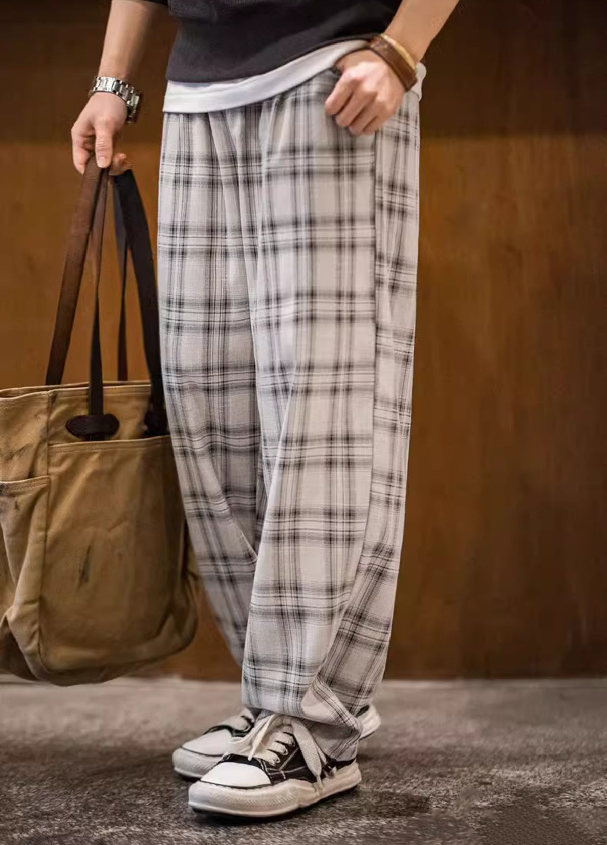 American Retro Wide-Leg Plaid Thin Drawstring Straight Men's Trousers - Harmony Gallery