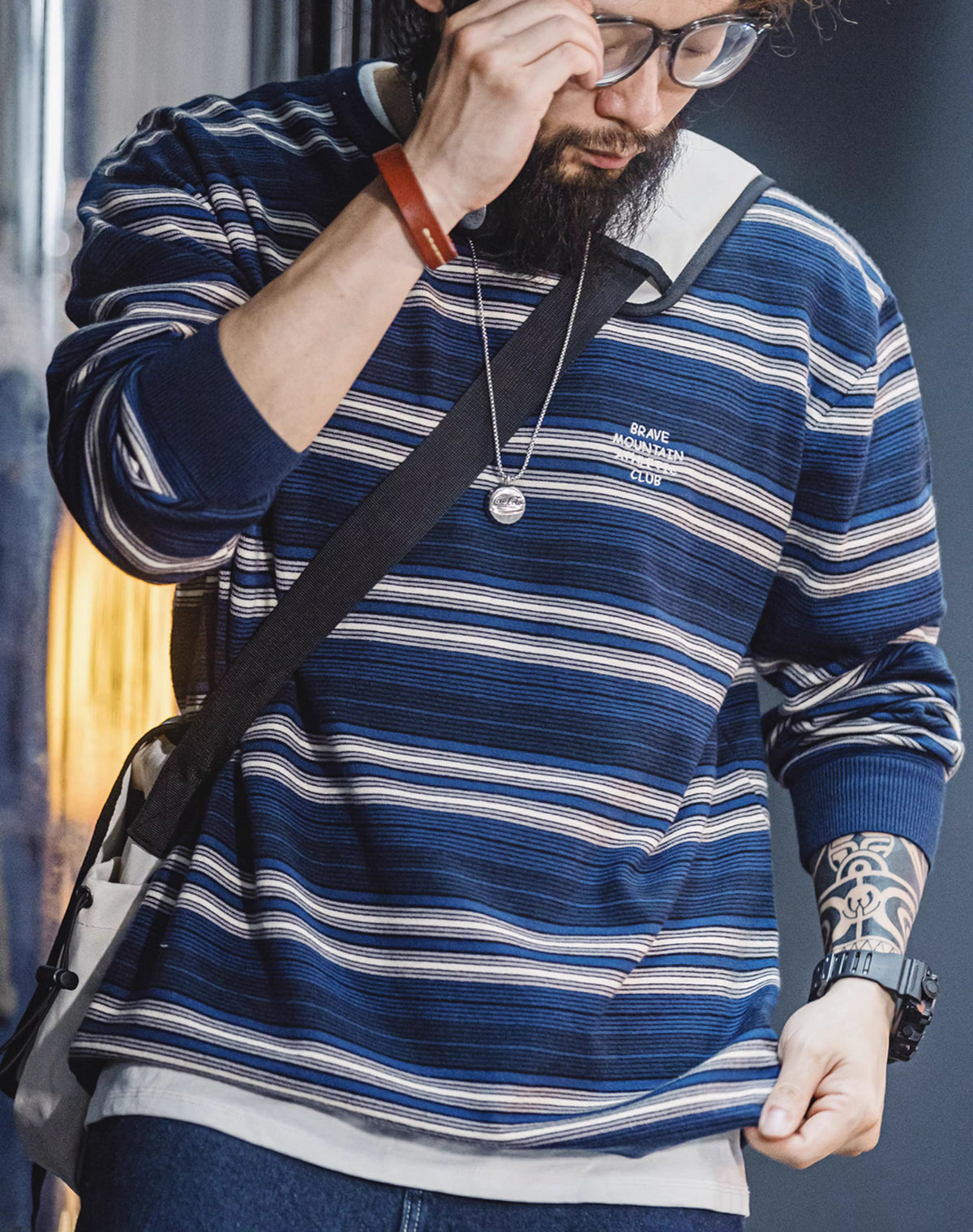 American Striped City Boy Blended Off-Shoulder Men's Sweater - Harmony Gallery
