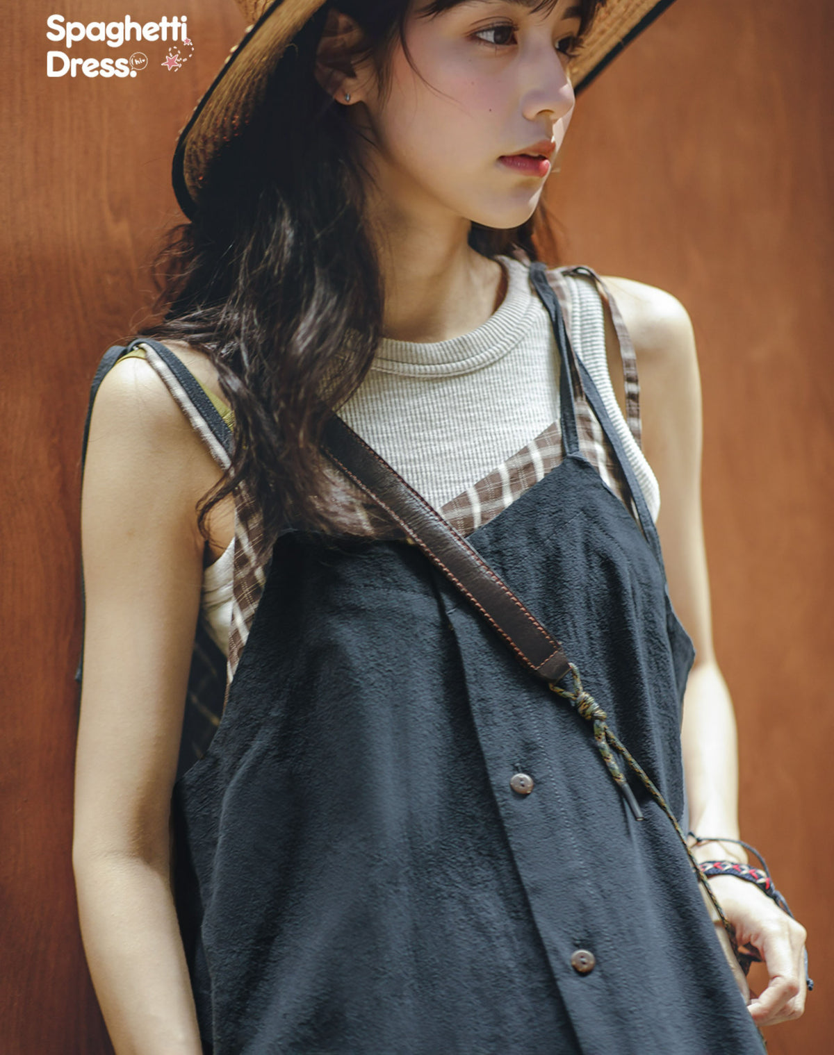 Retro Plaid Stitching Loose Suspenders Women's Dress - Harmony Gallery