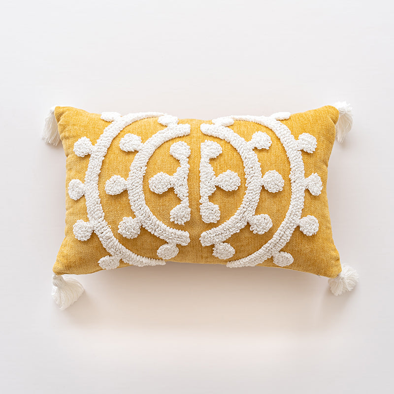 Golden Elegance Tassel Accent White Embroidered Scrollwork Throw Pillows - Harmony Gallery