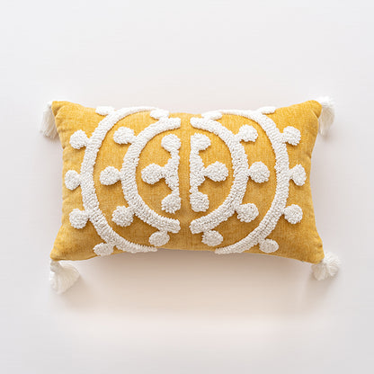 Golden Elegance Tassel Accent White Embroidered Scrollwork Throw Pillows - Harmony Gallery