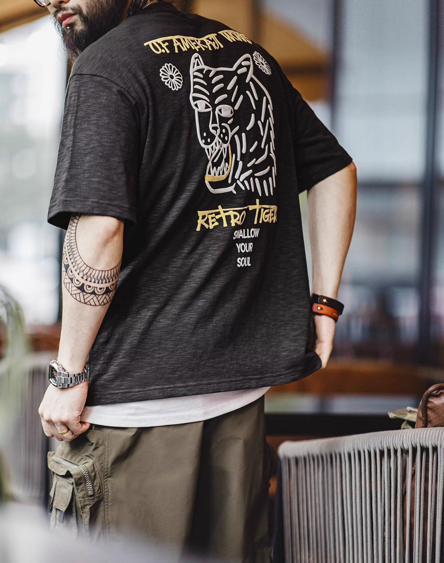 American Casual Tiger Embossed Printing Breathable Men's T-Shirt - Harmony Gallery