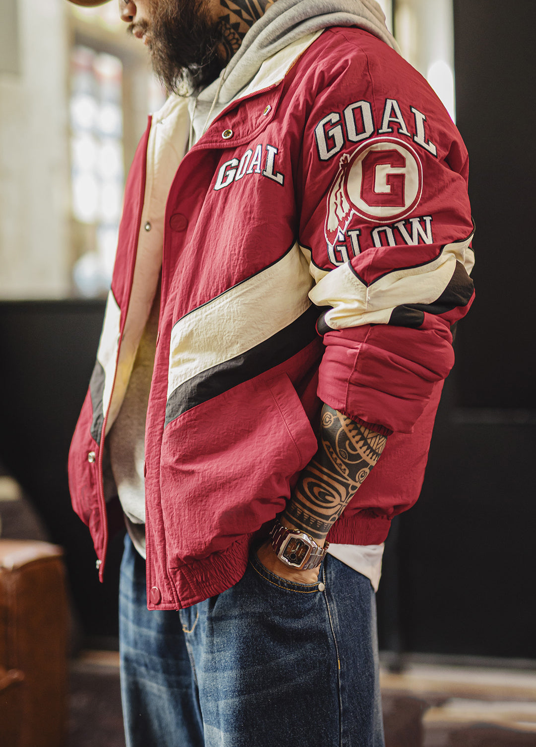 American Patchwork Racing With Red Collar Thickened Warm Cotton Men's Jacket - Harmony Gallery