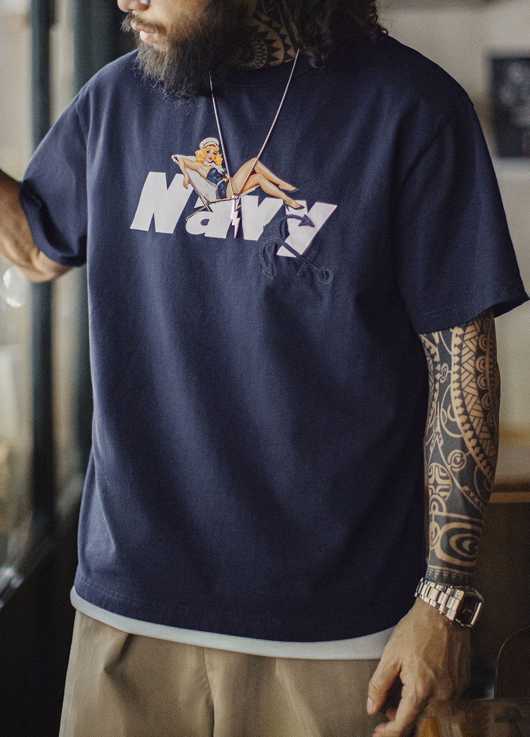 American Retro Heavyweight Embroidery Print Ribbed Collar Men's T-Shirt - Harmony Gallery