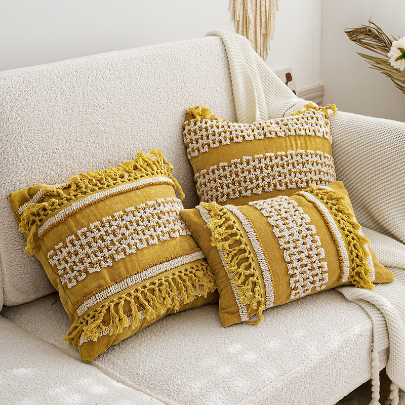 Golden Boho-Chic Tassel Vibrant Textured Decorative Throw Pillows - Harmony Gallery