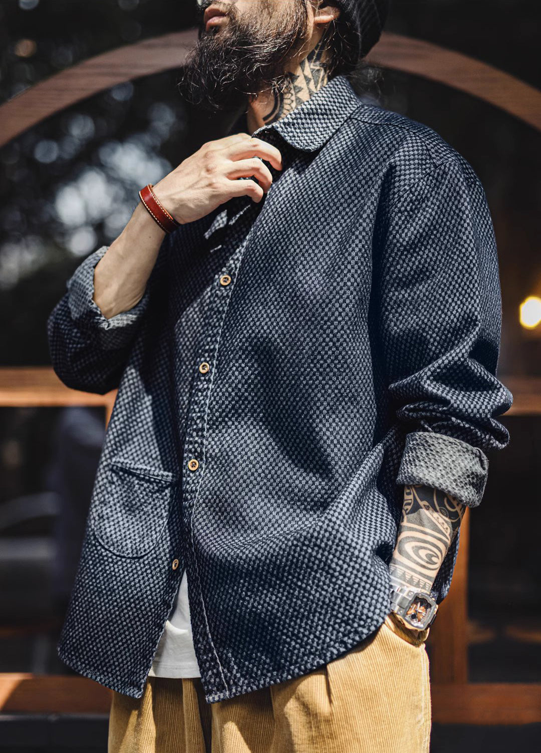 American Retro Checkerboard Plaid Denim Lapel Long-Sleeved Men's Shirt - Harmony Gallery