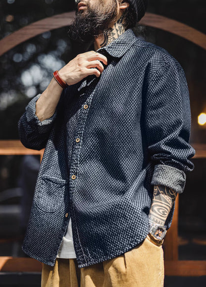 American Retro Checkerboard Plaid Denim Lapel Long-Sleeved Men's Shirt - Harmony Gallery