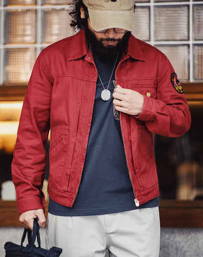 American Retro Heavy Embroidery Champion Red Slim Canvas Men's Jacket - Harmony Gallery