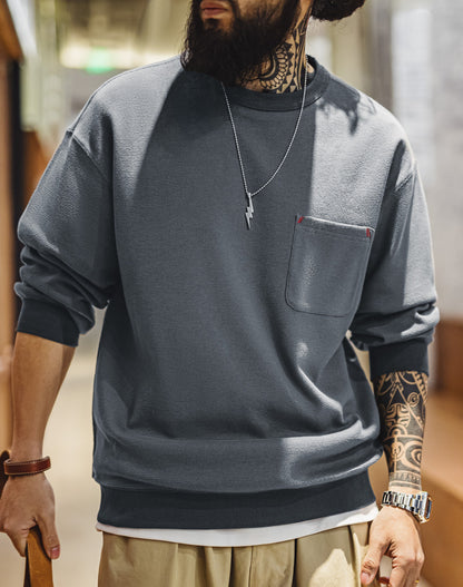 American Waffle Knitted Pocket Round Neck Loose Long-Sleeved Men's Sweater - Harmony Gallery