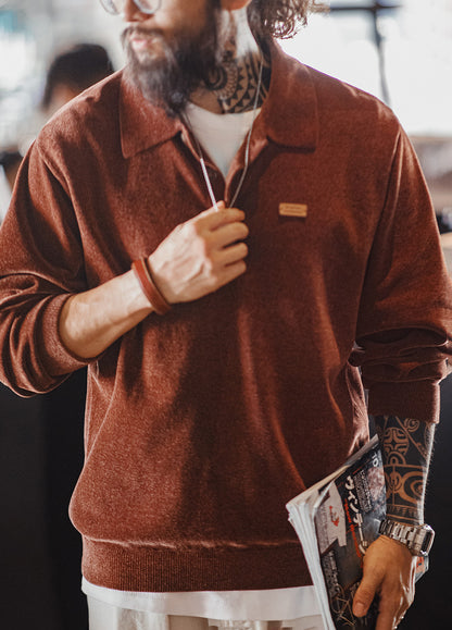 American Retro Chenille Half-Open Polo Loose Lapel Pullover Men's Sweater - Harmony Gallery