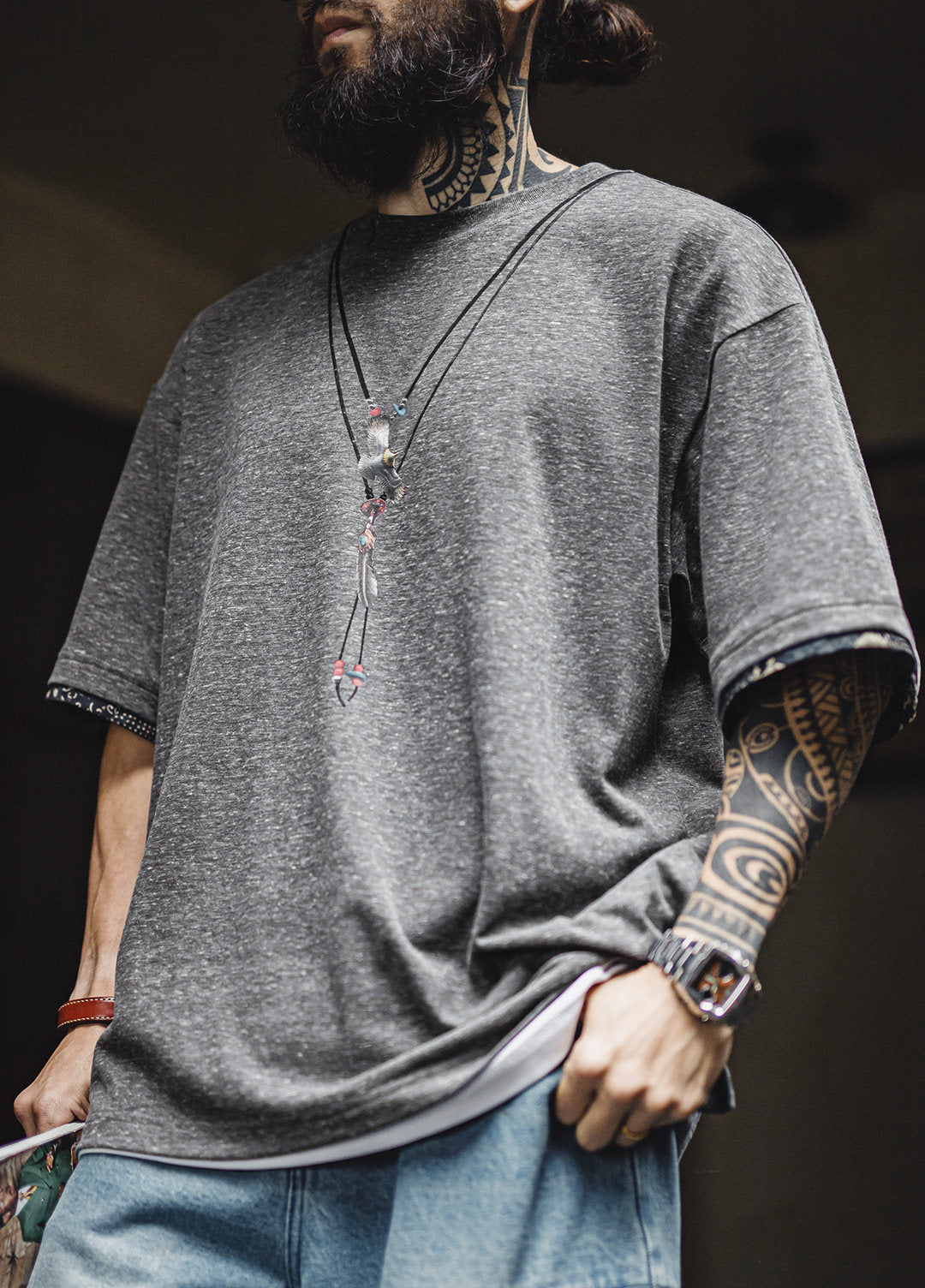 American Retro Printed Fabric Animal Patterns Patchwork Knit Men's T-Shirt