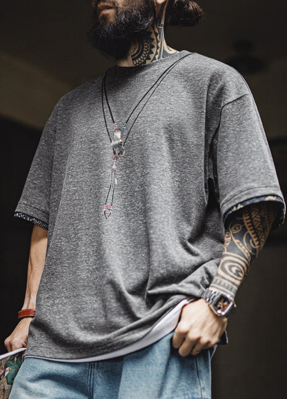 American Retro Printed Fabric Animal Patterns Patchwork Knit Men's T-Shirt