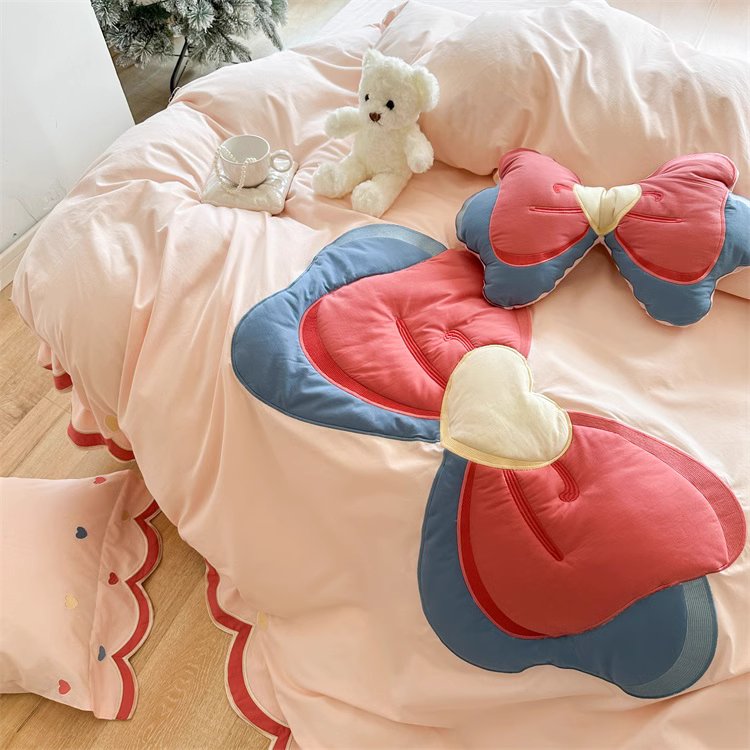 Girly Heart Cute Bow Washed Four-piece Pure Cotton Bed Set - Harmony Gallery
