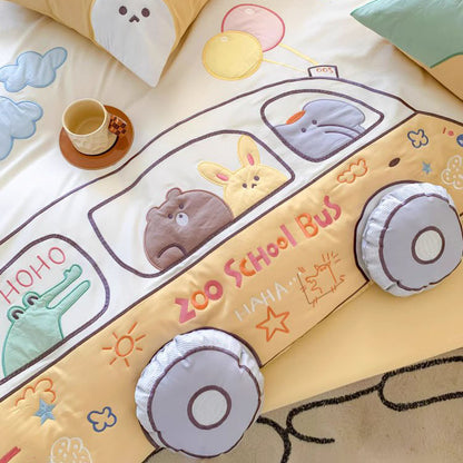 Cartoon Happy Bus Zoo School Four-Piece Pure Cotton Bed Set - Harmony Gallery