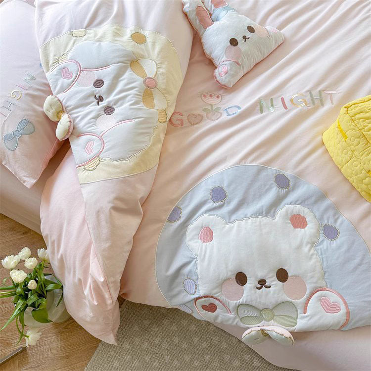 Cute Girly Bear Cub Washed Four-Piece Pure Cotton Bed Set - Harmony Gallery