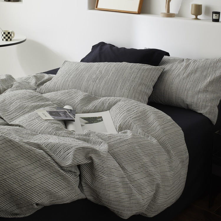 Premium Black and White Striped Textured Bedding Pure Cotton Four-Piece Bed Set - Harmony Gallery